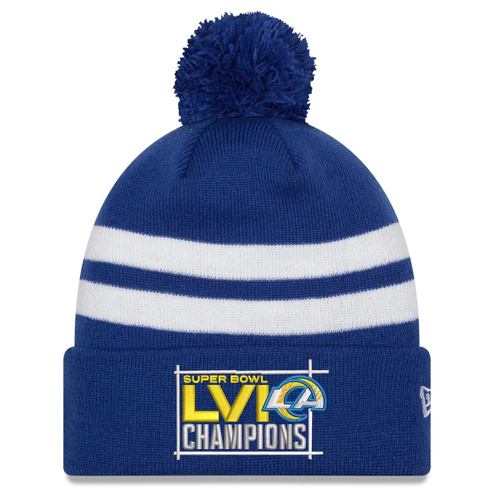Los Angeles Rams New Era Super Bowl LVI Champions Top Stripe Pom Knit Hat - Royal