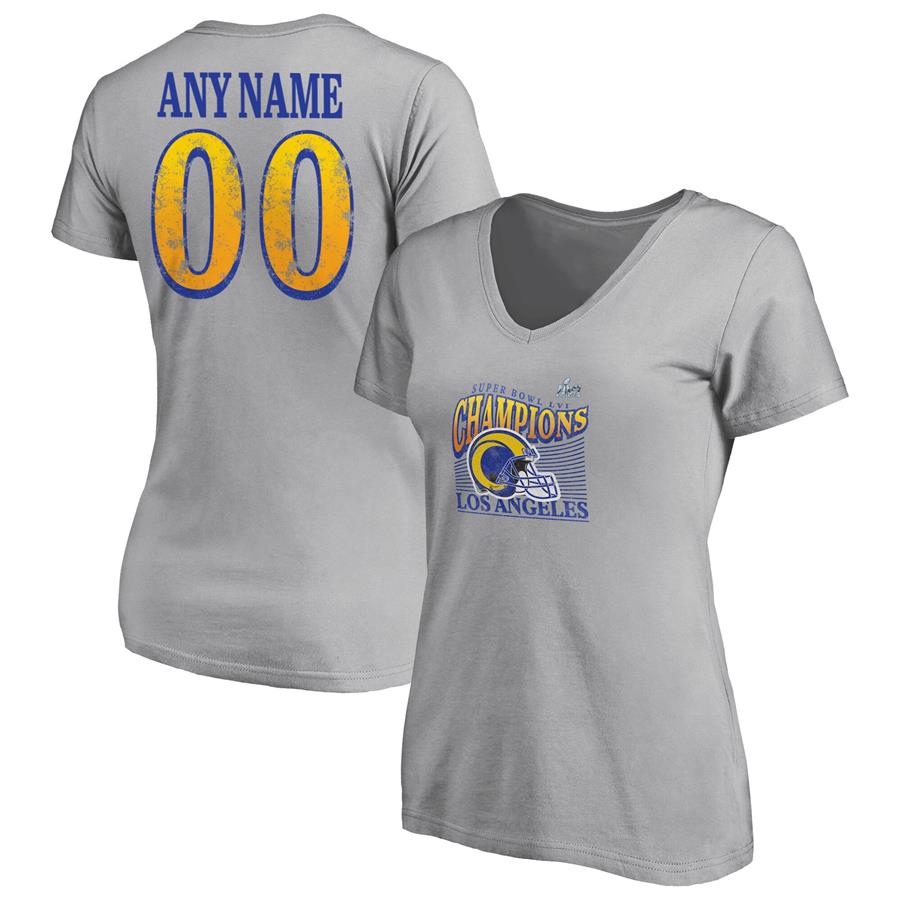 Los Angeles Rams Fanatics Branded Women's Super Bowl LVI Champions Personalized Retro Slim Fit V-Neck T-Shirt - Gray