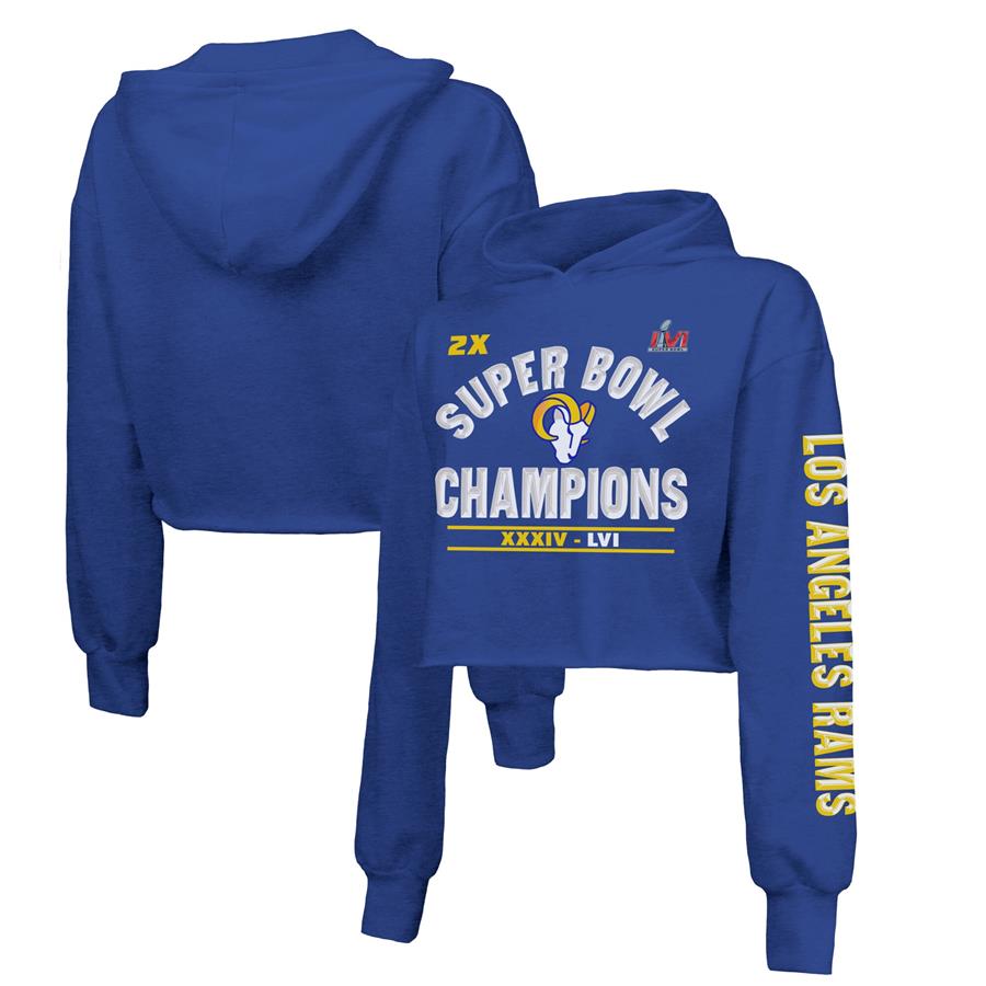 Los Angeles Rams Majestic Threads Women's 2-Time Super Bowl Champions Always Champs Cropped Tri-Blend Pullover Hoodie - Heathered Royal