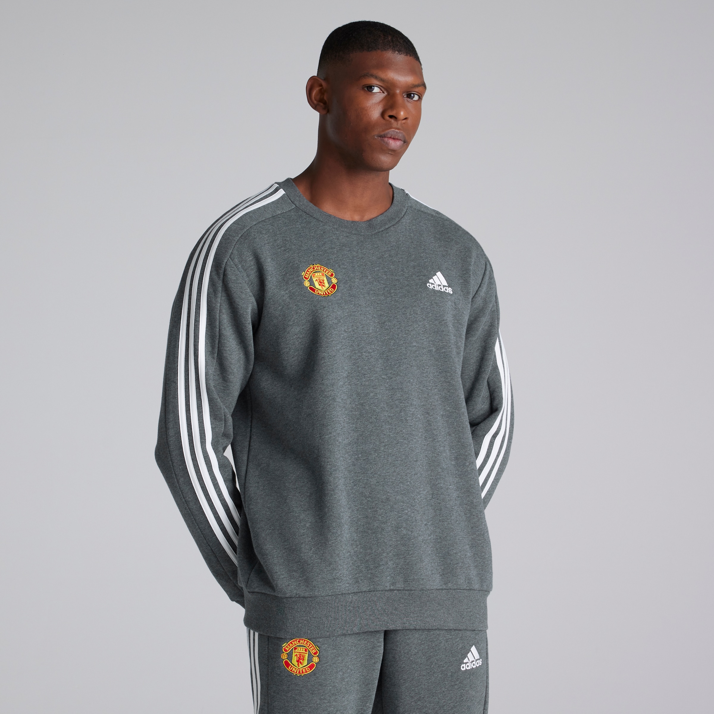 Manchester United x adidas Mens Essentials Fleece 3-Stripes Sweatshirt Grey