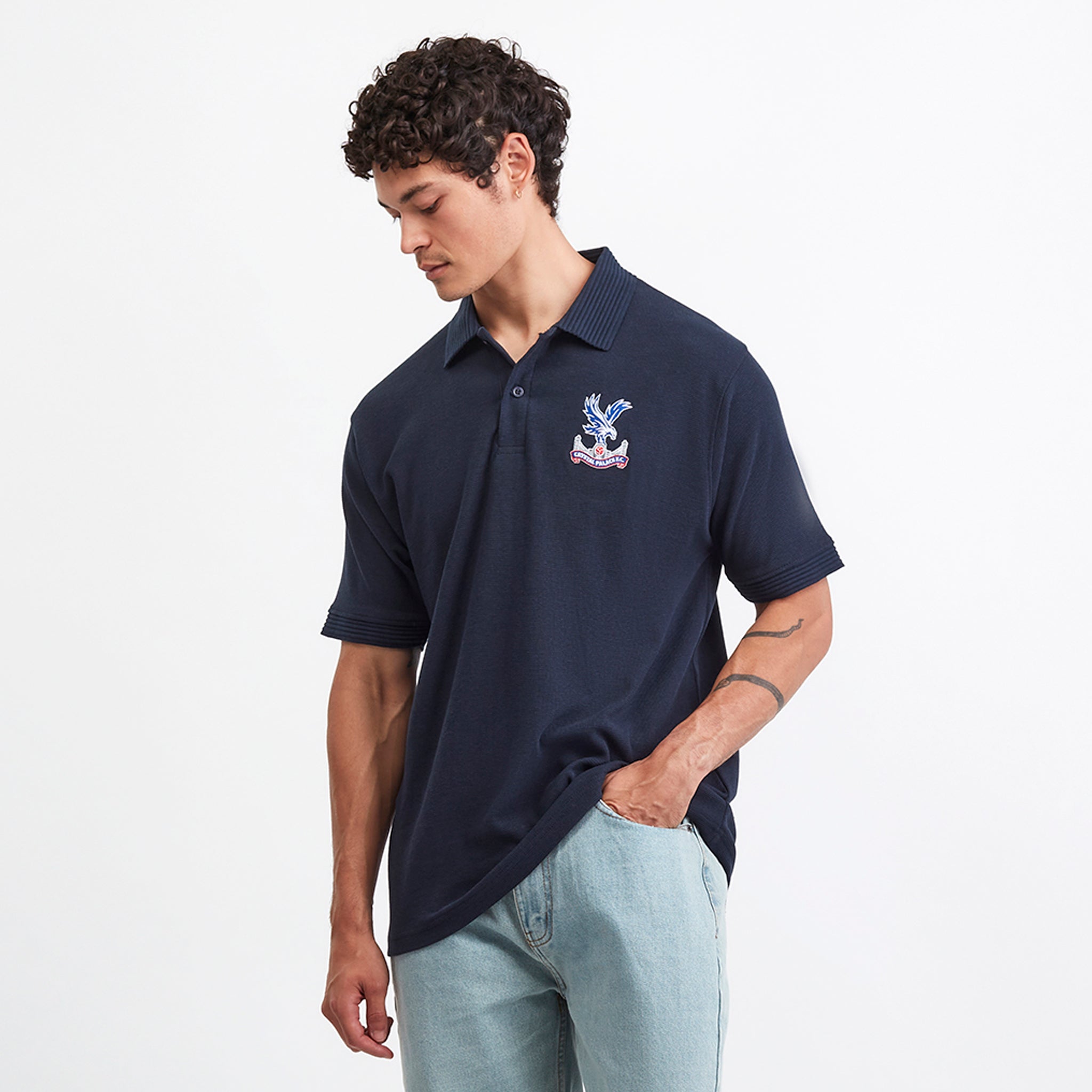 Crystal Palace Logo Fine Knit Polo Shirt Navy