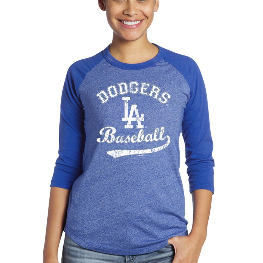 Los Angeles Dodgers Majestic Threads Women's Team Baseball Three-Quarter Raglan Sleeve Tri-Blend T-Shirt - Royal
