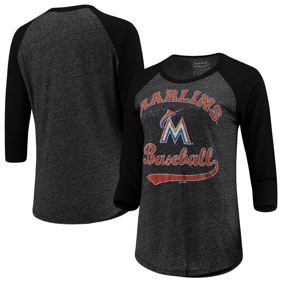 Miami Marlins Majestic Threads Women's Team Baseball Three-Quarter Raglan Sleeve Tri-Blend T-Shirt - Black