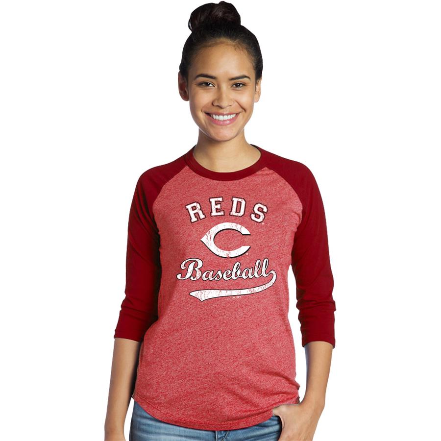 Cincinnati Reds Majestic Threads Women's Team Baseball Three-Quarter Raglan Sleeve Tri-Blend T-Shirt - Red