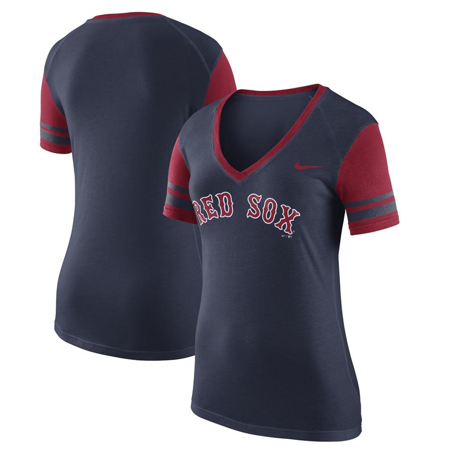 Boston Red Sox Nike Women's Wordmark Colorblock V-Neck T-Shirt - Navy