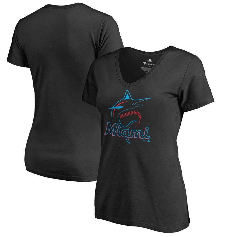Miami Marlins Women's Team Color Primary Logo V-Neck T-Shirt - Black