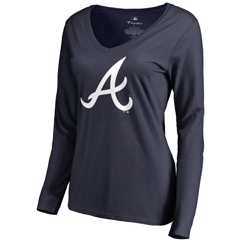 Atlanta Braves Women's Team Color Primary Logo V-Neck Long Sleeve T-Shirt - Navy