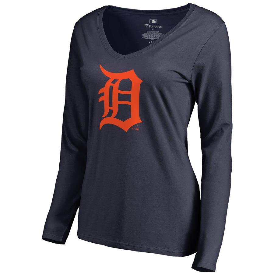 Detroit Tigers Women's Team Color Primary Logo V-Neck Long Sleeve T-Shirt - Navy