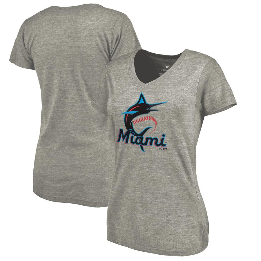 Miami Marlins Women's Primary Logo Tri-Blend V-Neck T-Shirt - Ash