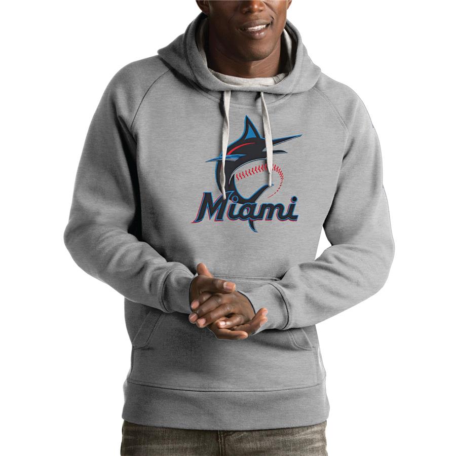 Miami Marlins Antigua Victory Pullover Hoodie - Heathered Gray