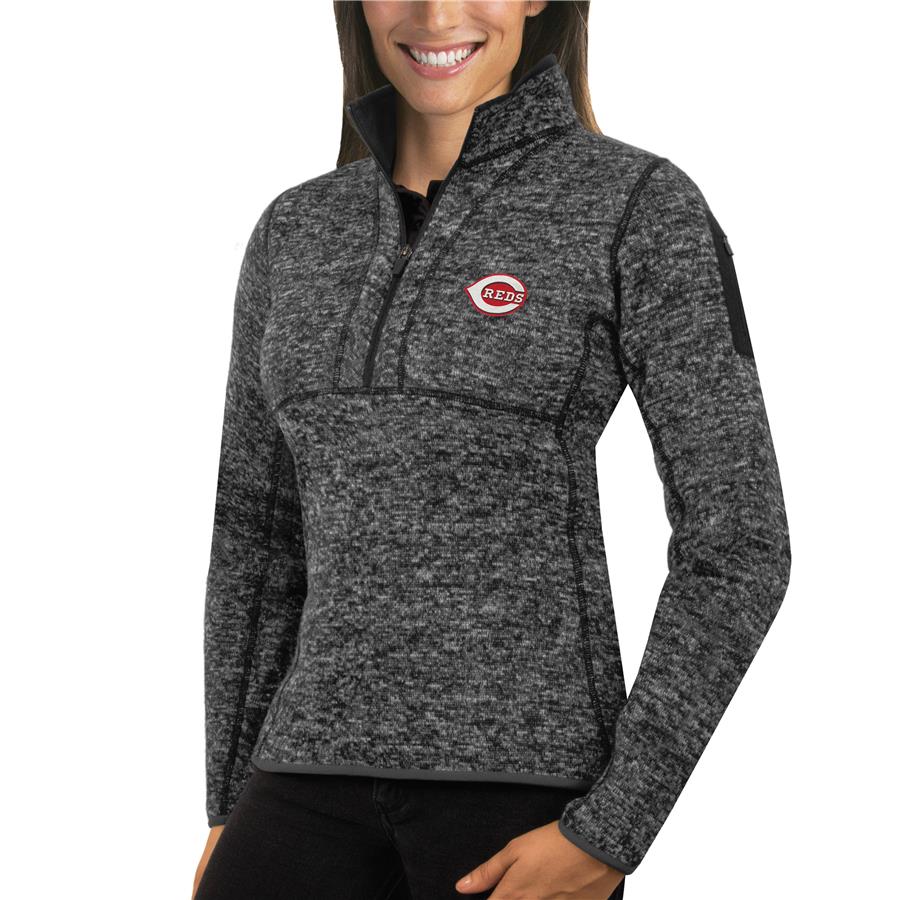 Cincinnati Reds Antigua Women's Fortune Half-Zip Pullover Sweater - Heathered Charcoal