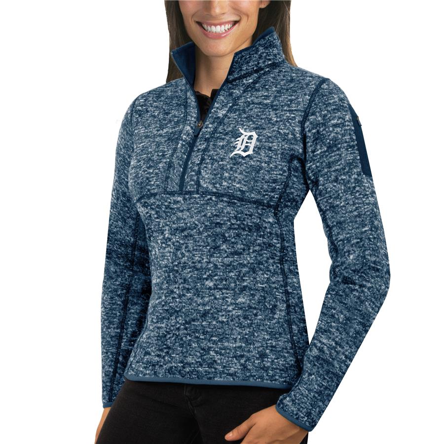 Detroit Tigers Antigua Women's Fortune Half-Zip Pullover Sweater - Heathered Navy