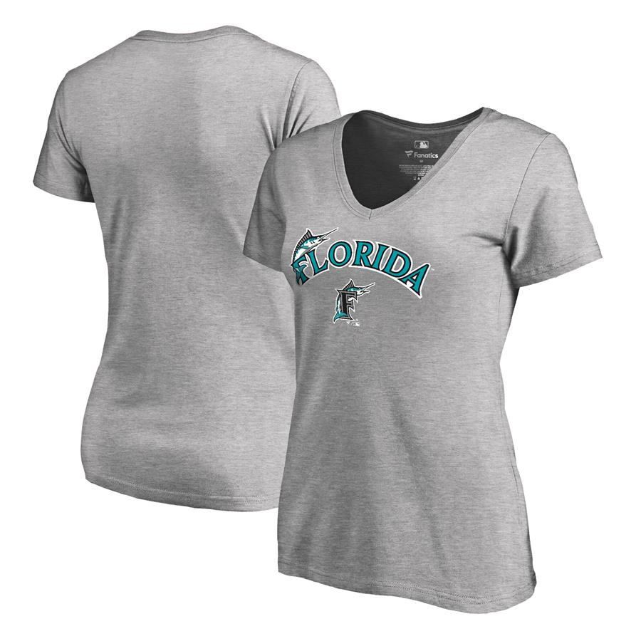 Miami Marlins Fanatics Branded Women's Cooperstown Collection Wahconah V-Neck T-Shirt - Ash