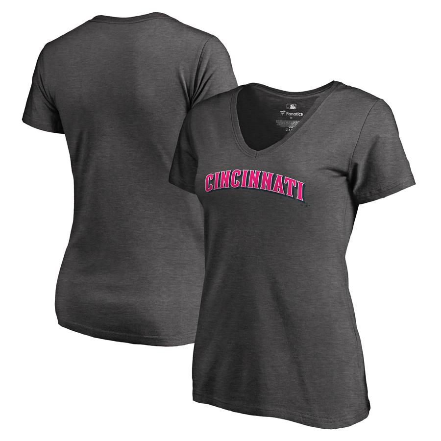 Cincinnati Reds Fanatics Branded Women's 2019 Mother's Day Pink Wordmark V-Neck T-Shirt - Heather Gray
