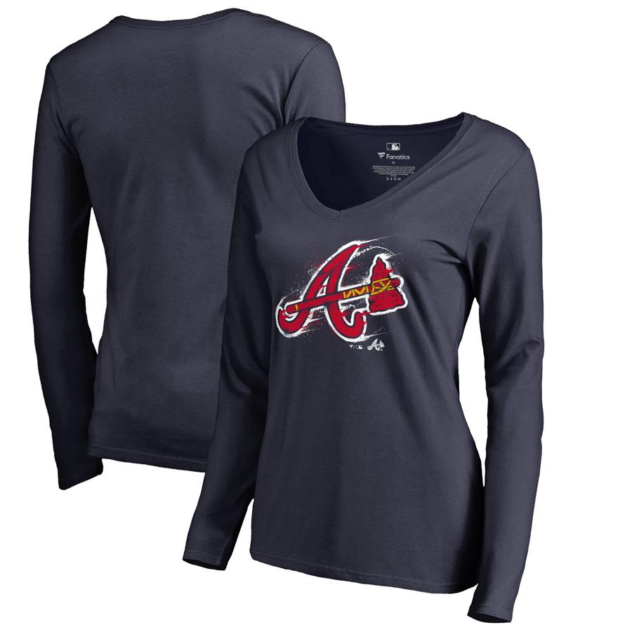 Atlanta Braves Fanatics Branded Women's Splatter Logo Long Sleeve V-Neck T-Shirt - Navy