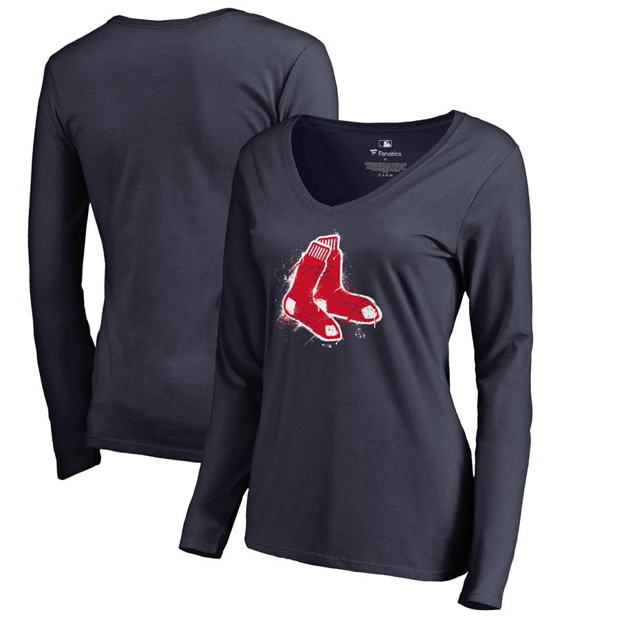 Boston Red Sox Fanatics Branded Women's Splatter Logo Long Sleeve V-Neck T-Shirt - Navy