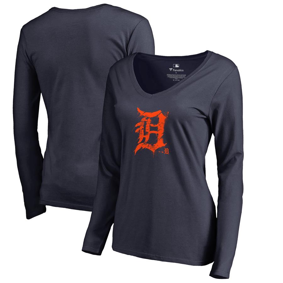 Detroit Tigers Fanatics Branded Women's Splatter Logo Long Sleeve V-Neck T-Shirt - Navy