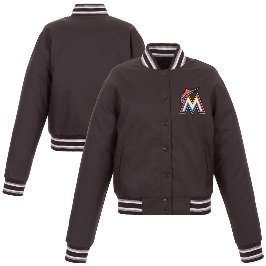Miami Marlins JH Design Women's Embroidered Logo Poly-Twill Full Snap Jacket - Charcoal