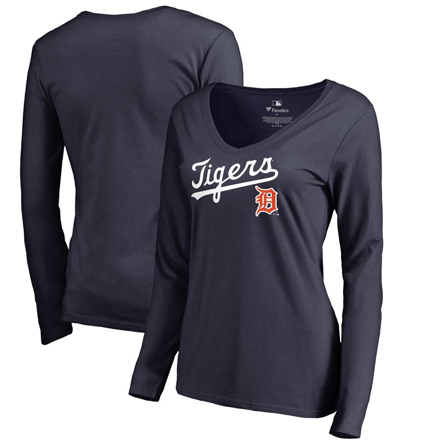 Detroit Tigers Fanatics Branded Women's Cooperstown Collection Wahconah Long Sleeve V-Neck T-Shirt - Navy