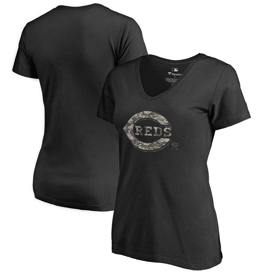 Cincinnati Reds Fanatics Branded Women's 2019 Armed Forces Cloak V-Neck T-Shirt