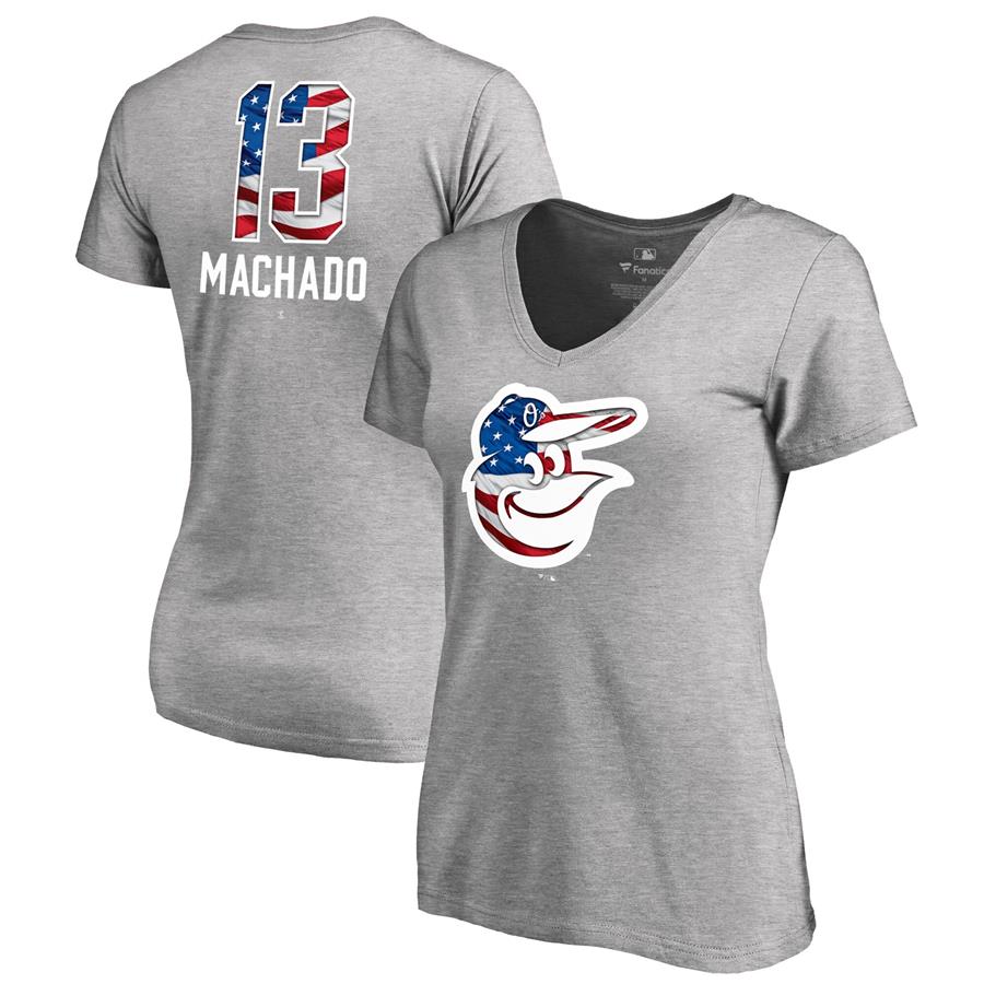 Manny Machado Baltimore Orioles Fanatics Branded Women's 2019 Stars & Stripes Banner Wave Name & Number V-Neck T-Shirt - Heather Gray