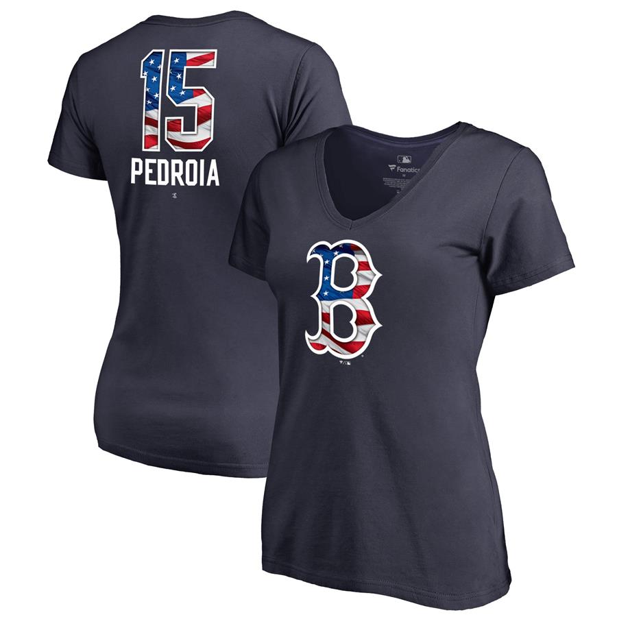 Dustin Pedroia Boston Red Sox Fanatics Branded Women's 2019 Stars & Stripes Banner Wave Name & Number V-Neck T-Shirt - Navy