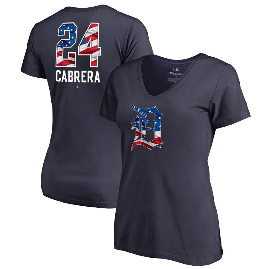 Miguel Cabrera Detroit Tigers Fanatics Branded Women's 2019 Stars & Stripes Banner Wave Name & Number V-Neck T-Shirt - Navy