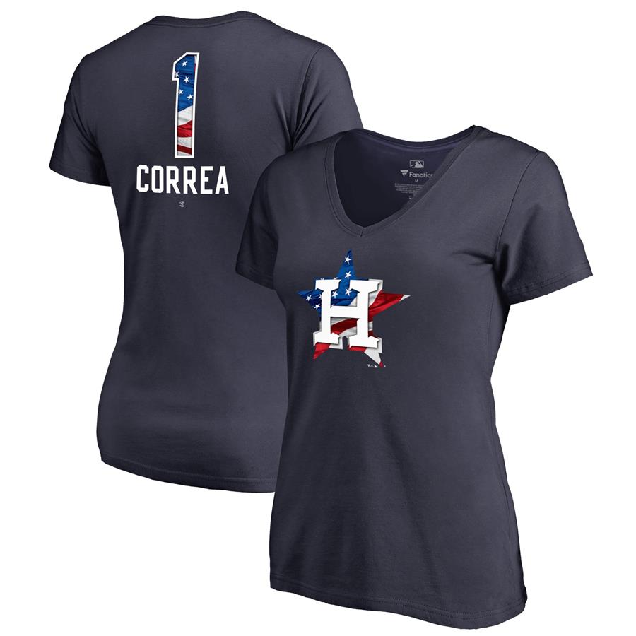 Carlos Correa Houston Astros Fanatics Branded Women's 2019 Stars & Stripes Banner Wave Name & Number V-Neck T-Shirt - Navy