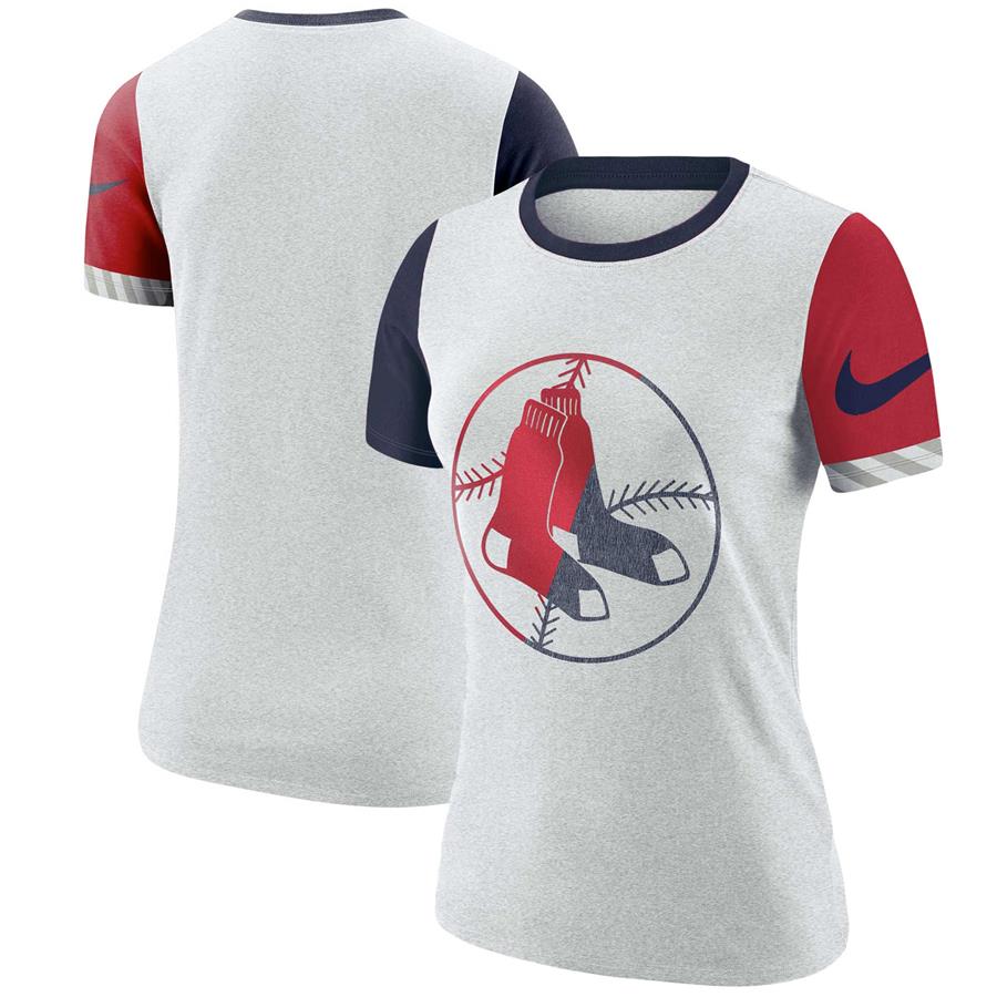 Boston Red Sox Nike Women's Slub Two-Tone Logo Performance Crew Neck T-Shirt - Heathered White