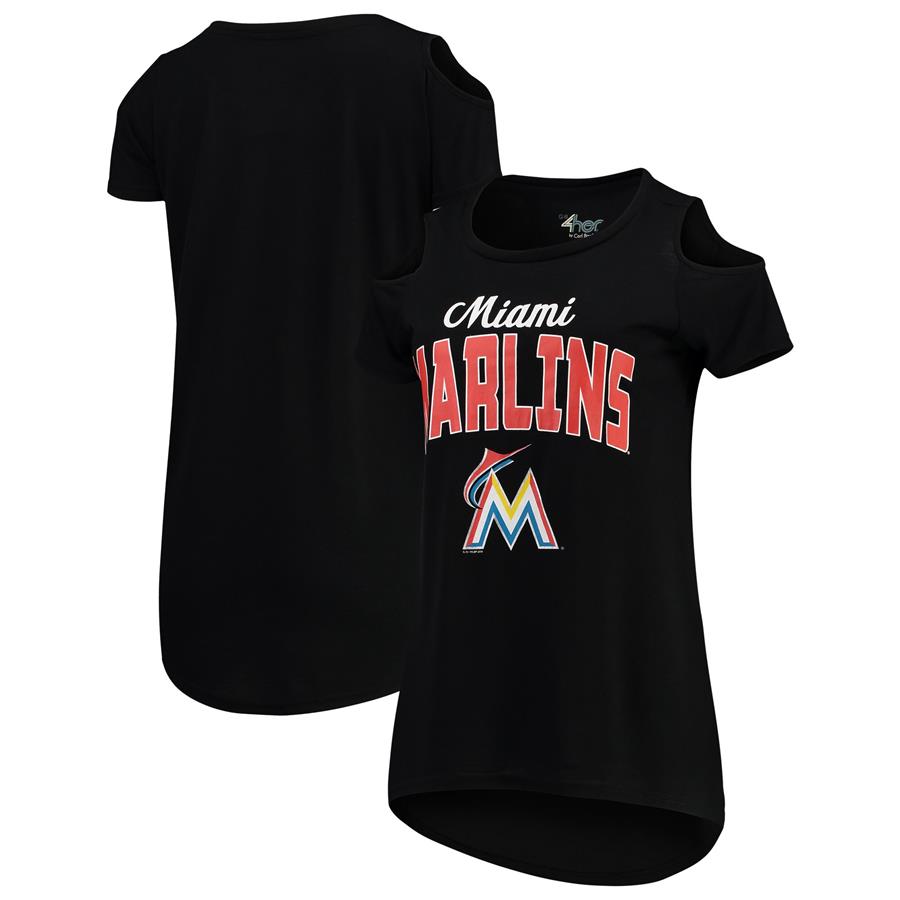 Miami Marlins G-III 4Her by Carl Banks Women's Clear the Bases Cold Shoulder T-Shirt - Black