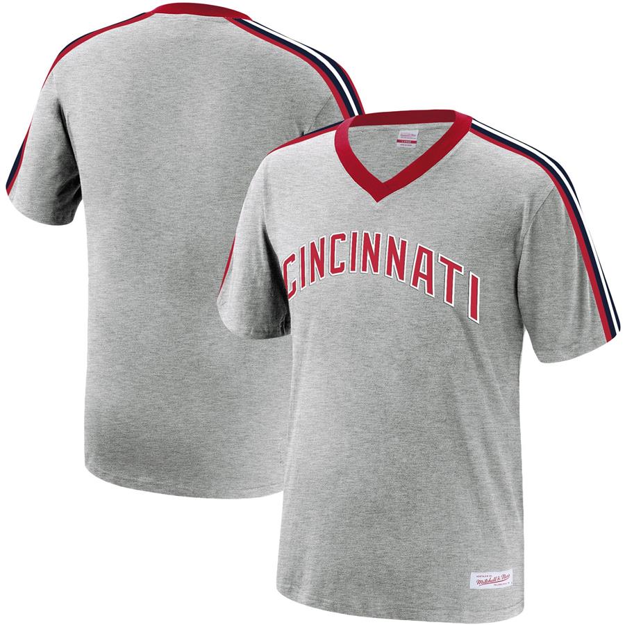 Cincinnati Reds Mitchell & Ness Overtime Win V-Neck T-Shirt - Heathered Gray
