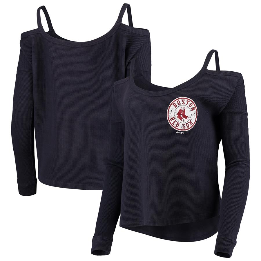 Boston Red Sox Majestic Threads Women's Thermal Cold Shoulder Long Sleeve T-Shirt - Navy