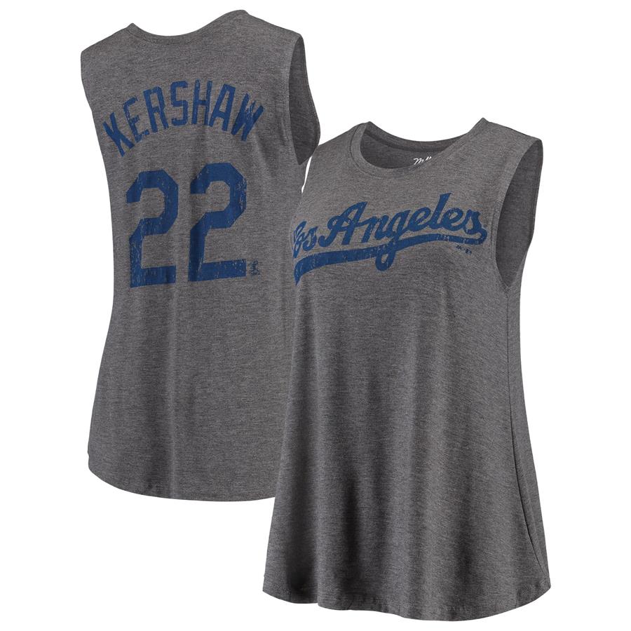 Clayton Kershaw Los Angeles Dodgers Majestic Threads Women's Flair Blouse Player Name & Number Tank Top - Gray