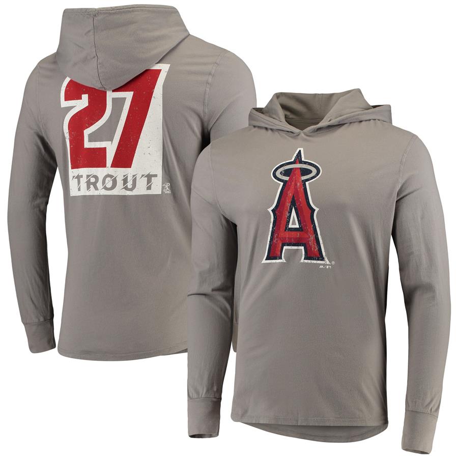 Mike Trout Los Angeles Angels Majestic Threads Softhand Long Sleeve Player Hoodie T-Shirt - Gray