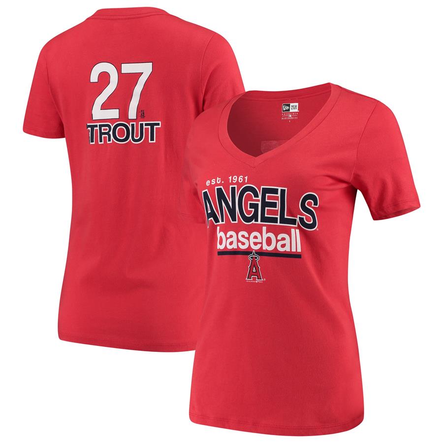 Mike Trout Los Angeles Angels 5th & Ocean by New Era Women's Baby Jersey Flipped Number & Name V-Neck T-Shirt - Red