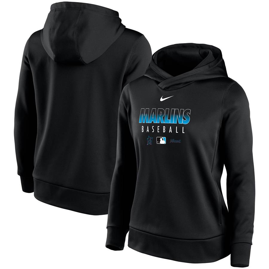 Miami Marlins Nike Women's Authentic Collection Performance Pullover Hoodie - Black