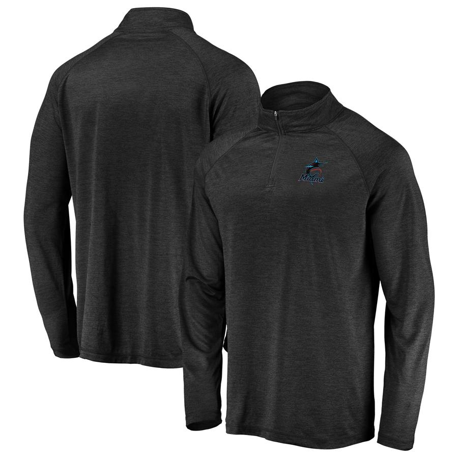 Miami Marlins Fanatics Branded Iconic Striated Primary Logo Raglan Quarter-Zip Pullover Jacket - Black