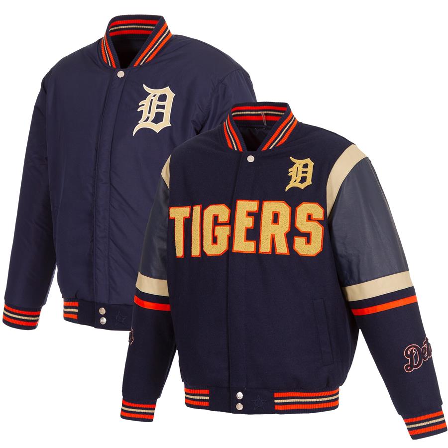 Detroit Tigers JH Design Wool & Leather Reversible Chenille Logo Full-Snap Jacket - Navy