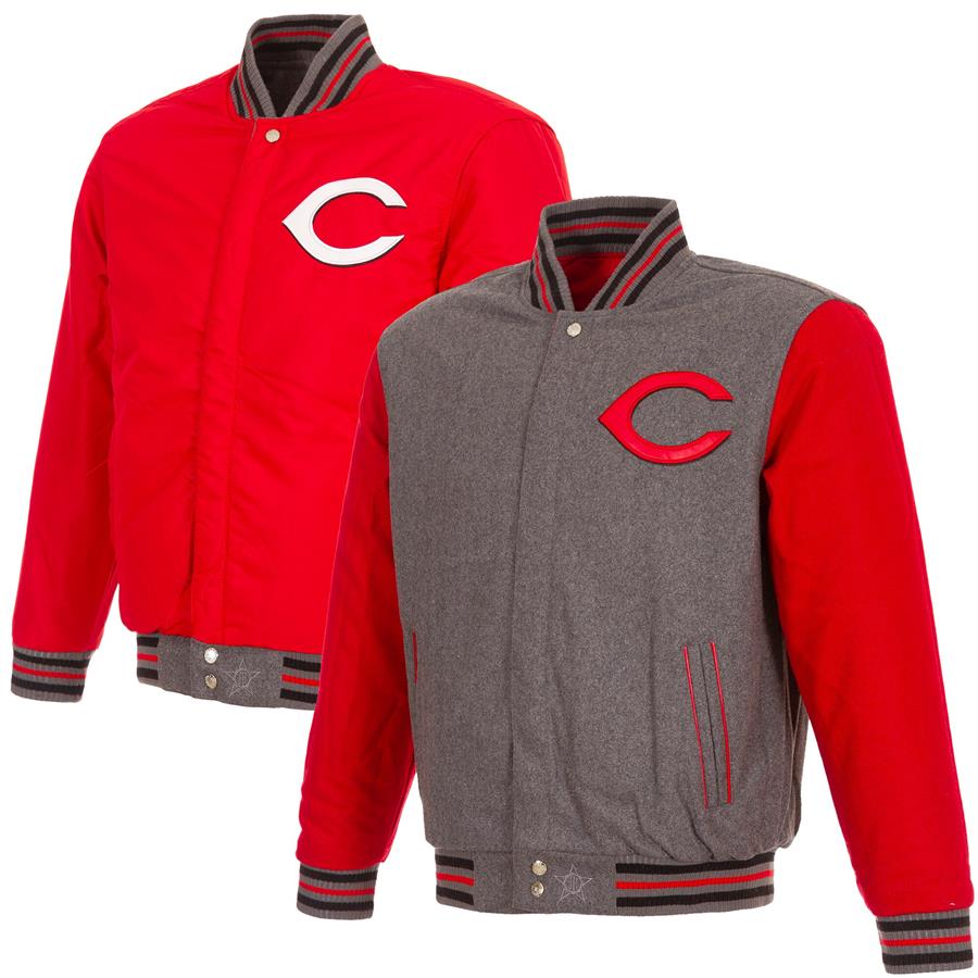 Cincinnati Reds JH Design Embroidered Logo Reversible Wool Varsity Full-Snap Jacket - Gray
