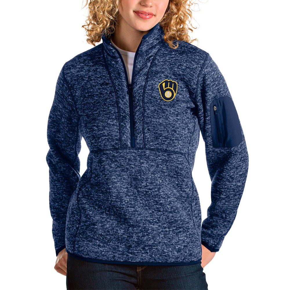 Milwaukee Brewers Antigua Women's Fortune Half-Zip Pullover Jacket - Heather Navy