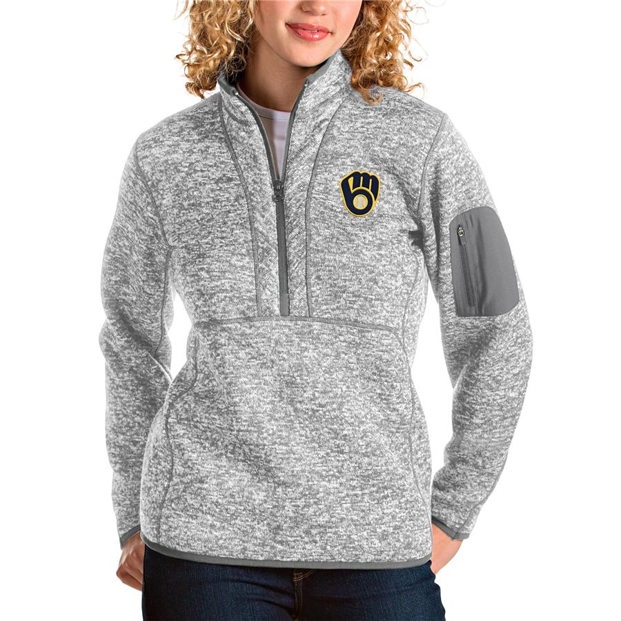 Milwaukee Brewers Antigua Women's Fortune Half-Zip Pullover Jacket - Heather Gray