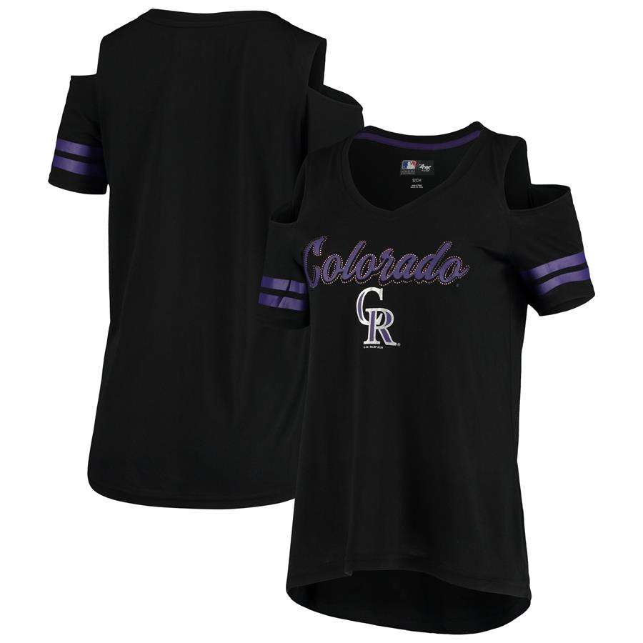 Colorado Rockies G-III 4Her by Carl Banks Women's Extra Inning Cold Shoulder V-Neck T-Shirt - Black