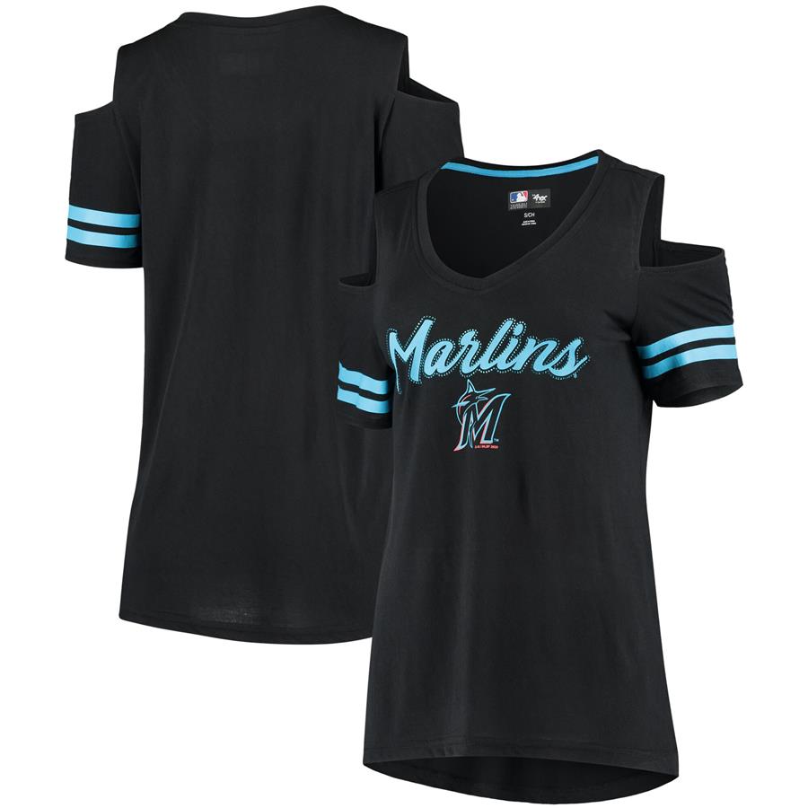 Miami Marlins G-III 4Her by Carl Banks Women's Extra Inning Cold Shoulder T-Shirt - Black