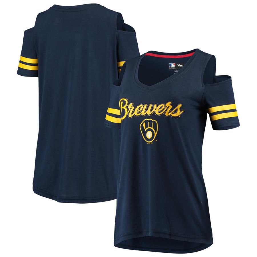 Milwaukee Brewers G-III 4Her by Carl Banks Women's Extra Inning Cold Shoulder T-Shirt - Navy