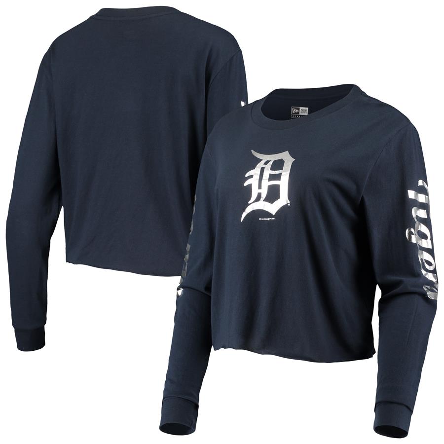 Detroit Tigers New Era Women's Baby Jersey Long Sleeve Cropped T-Shirt - Navy