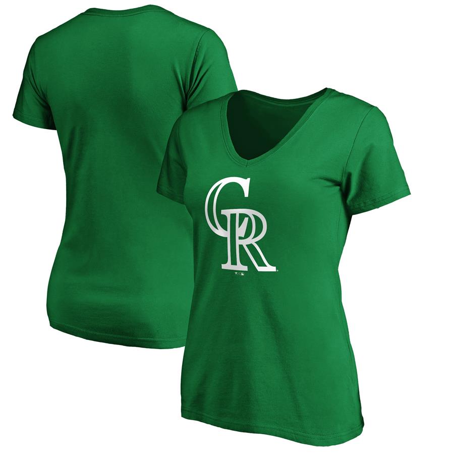 Colorado Rockies Fanatics Branded Women's St. Patrick's Day White Team Logo V-Neck T-Shirt - Green