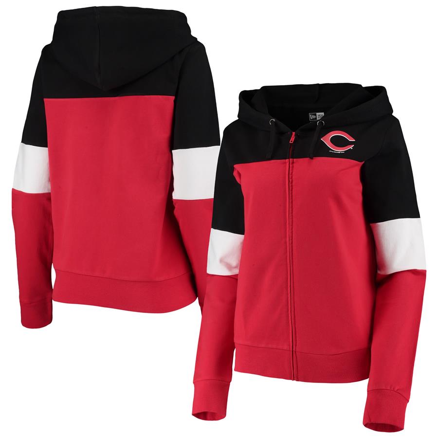 Cincinnati Reds New Era Women's Colorblock French Terry Full-Zip Hoodie - Red