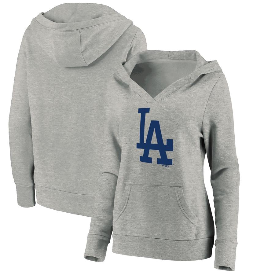 Los Angeles Dodgers Fanatics Branded Women's Official Logo Crossover V-Neck Pullover Hoodie - Heathered Gray