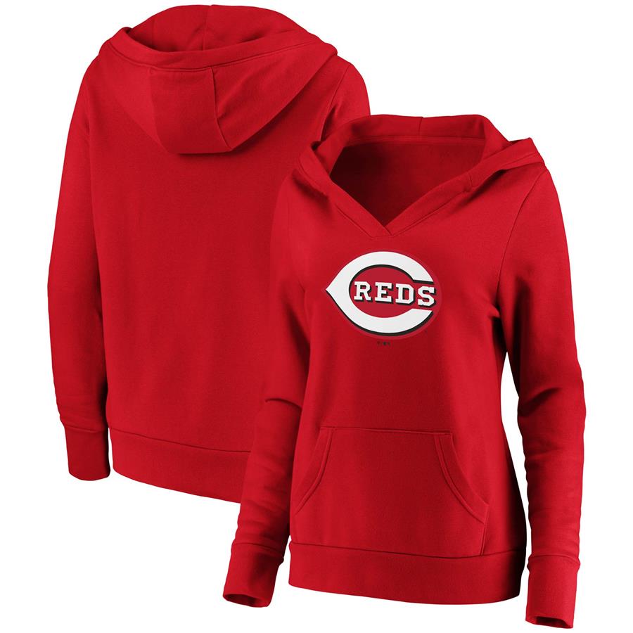 Cincinnati Reds Fanatics Branded Women's Official Logo Crossover V-Neck Pullover Hoodie - Red