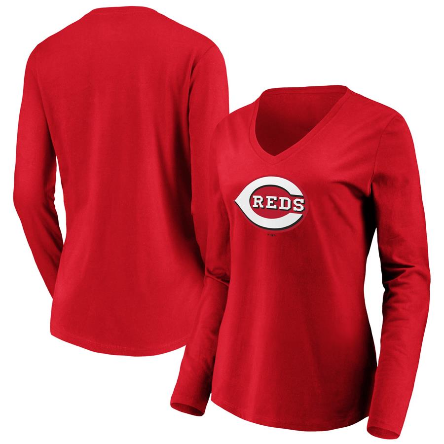Cincinnati Reds Fanatics Branded Women's Official Logo Long Sleeve V-Neck T-Shirt - Red